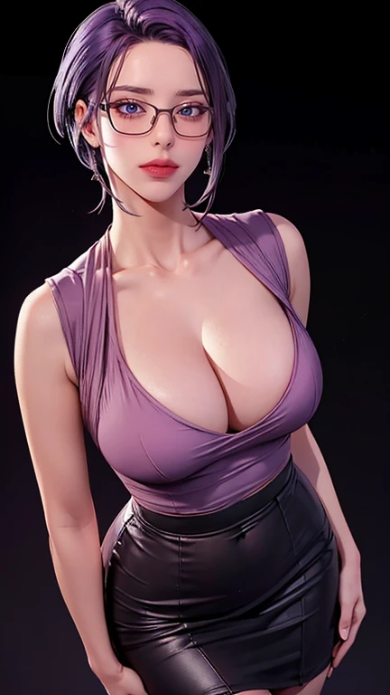 （（（完美number，number，Set， Grey shirt，Hip skirt（（（JMT,Glasses,Purple Hair,short hair,Purple Eyes,Michondev，Purple Eyes，Purple Hair，Medium Length Hair，）））型number:1.7））），((masterpiece)),high resolution, ((Best quality at best))，masterpiece，quality，Best quality，（（（ Exquisite facial features，looking at the audience,There is light in the eyes，Happy，Interweaving of light and shadow，(((Large Breasts、Low-cut，Cleavage, Wide hips,)))((Long legs)),Hourglass figure)), ））），（（（looking at camera，black background)）））