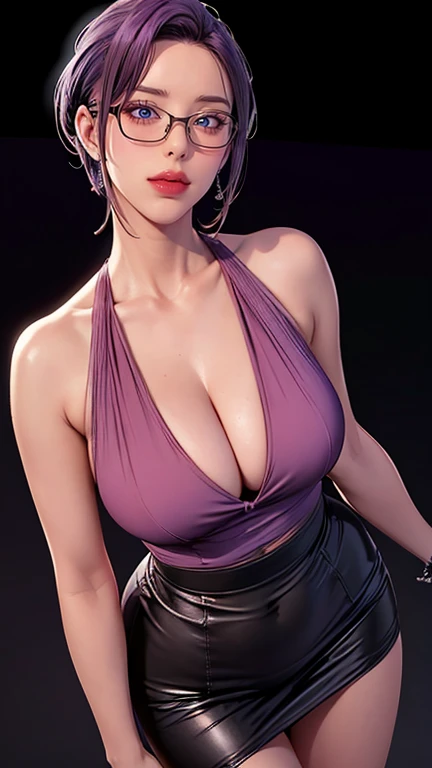 （（（完美number，number，Set， Grey shirt，Hip skirt（（（JMT,Glasses,Purple Hair,short hair,Purple Eyes,Michondev，Purple Eyes，Purple Hair，Medium Length Hair，）））型number:1.7））），((masterpiece)),high resolution, ((Best quality at best))，masterpiece，quality，Best quality，（（（ Exquisite facial features，looking at the audience,There is light in the eyes，Happy，Interweaving of light and shadow，(((Large Breasts、Low-cut，Cleavage, Wide hips,)))((Long legs)),Hourglass figure)), ））），（（（looking at camera，black background)）））