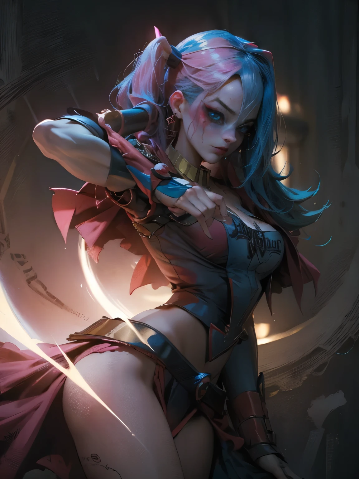 Maga oscura gils vestida de Harley Quinn. Tiene cabello rubio y negro. Ojos azules. Labios rojos. Gils, el mago oscuro, se viste como Harley Quinn. Pose sensual y inocente. Fondo de circo y magia.