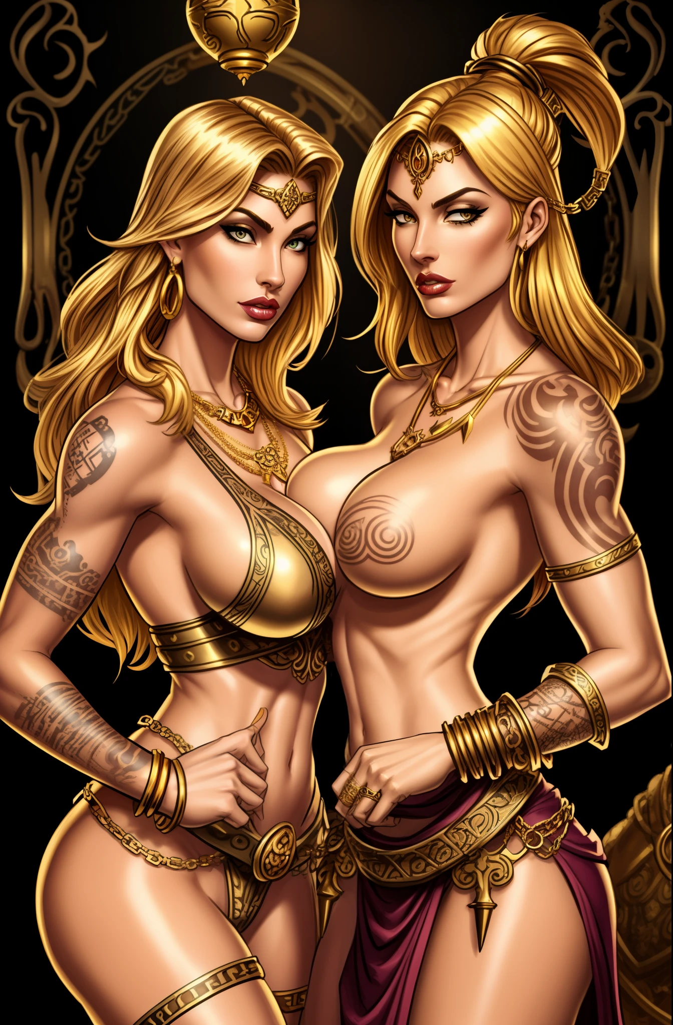 Fantasy Female barbarian, golden hair, fair skin, intricate tattoo, golden necklace, golden chains, sexy pose, steam punk, brass, large breasts, 2girls, lesbian