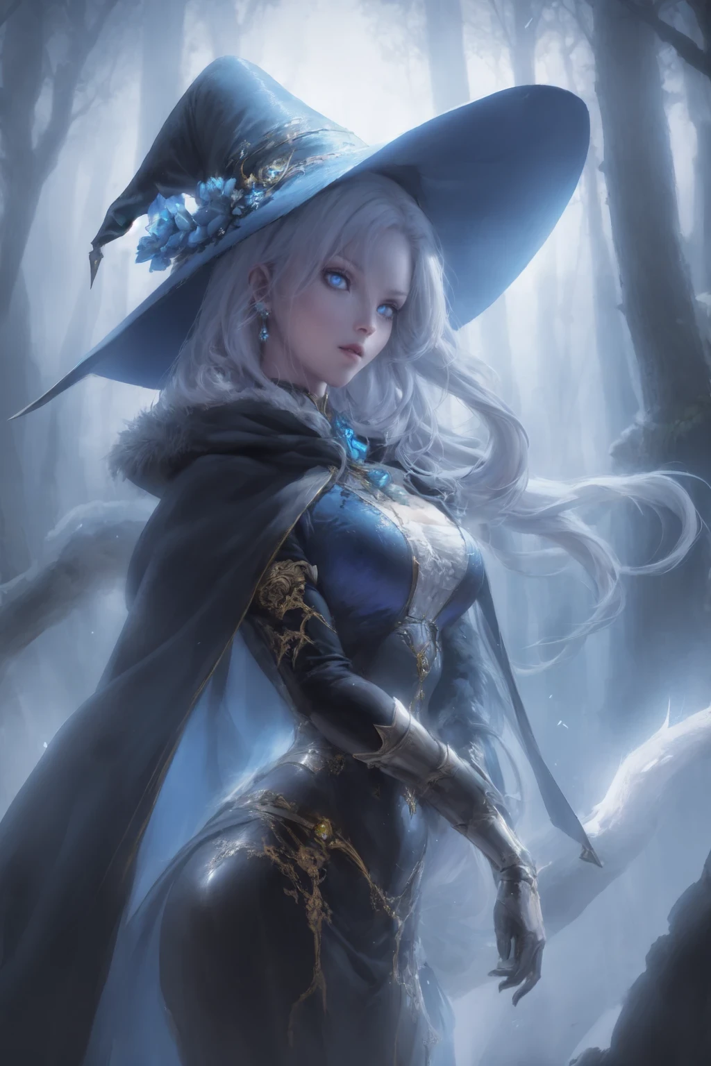 ((( cowboy shot ))), ((illustration)), ((floating hair)), ((chromatic aberration)), ((caustic)), lens flare, dynamic angle, , (1girl), white hair, blue eyes, (witch), (((Blue hat))), white hair, long hair, young, (robe) , armsupport , (beautiful detailed eyes), (magic circle:1), (Blue fur trimmed cloak), (((coniferous forest:1))), (The ruins of the collapsed castle), ((beautiful detailed glow)), (lighting particle), high close up, highly detailed, center frame, sharp focus, looking at viewer, (((masterpiece))), (((best quality))), ((ultra-detailed)), , (Wandering Witch: The Journey of Elaina), ((cinematic lighting)), ((overexposure)), (expressionless), blank stare, ((sharp focus)), , ((extremely detailed)), colorful, hdr, (anime screeshot),