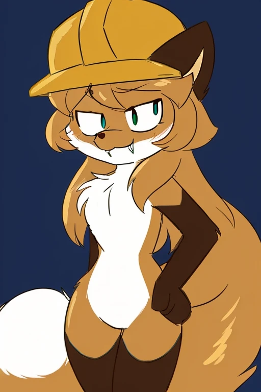 Nervous smiling, uploaded the e621, simple background, beautiful and detailed, woman (((female))) ((anthro)) Fox, (Averi, Fox girl), cinematic lighting, Fox, (anthro, fluffy fur, character focus:1.1), 1girl, anthro fox girl, body fur, curvy, sexy, nice, cute, hot, fangs, sassy, smug, comfortable anime-style cartoon-style, digital drawing, (half-closed eyes), green eyes, SFW, wearing hat, hard hat, construction hat, wearing construction hat, holding a wrench in hand, wrench, engineer sentry from TF2, Team Fortress 2, sentry, deployed sentry, flat chest