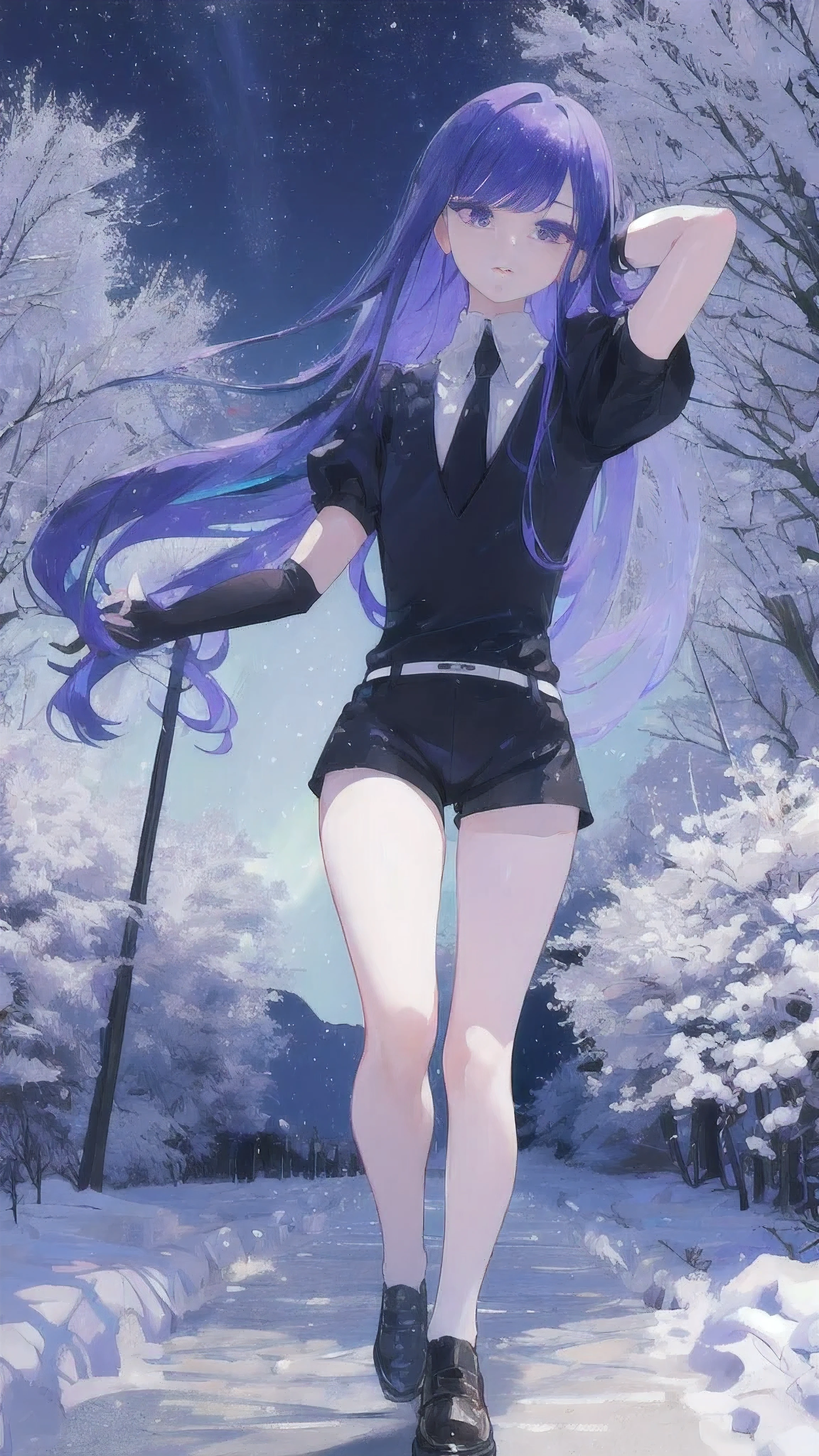 (masterpiece, high quality, highres, render, 3d, render 3d),(lapis lazuli, crystal hair, bangs, colored eyelashes, gem uniform, necktie, puffy short sleeves, shorts, elbow gloves, black uniform), (standing, walking, frozen forest, (night, nighttime), cliff,space, stars, aurora, from afar), very detailed purple eyes, 