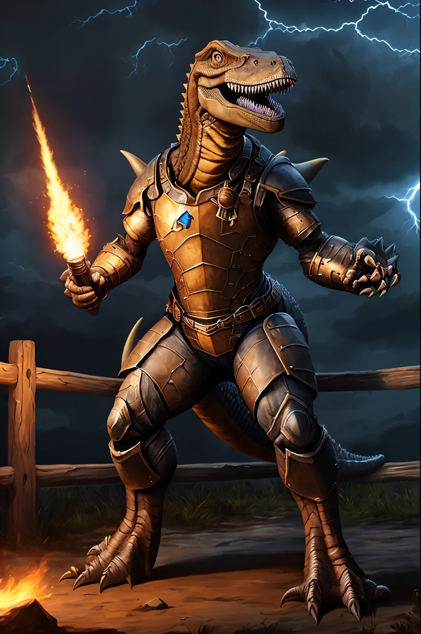 (((dinosaur character, full body, cinematic setting, lizard male))) 

Here I come, drop your jaws to the floor
I'm riding on my (((mighty laser-shooting dinosaur))) 
Here we come, can you hear him roar?

Prepare for epic fight and his (((laser missiles)))
The sound is boom, boom, boom for every time a goblin dies
Let's sing now, here we go, hear my battle cries

(((Made of metal))) from the moon
Assembled by samurai
His battery gets charged by thunderstorm
With most advanced AI
Devouring trolls and unicorns
From his maw there comes a flame
Burning away our enemies
And therefore we proclaim

BREAK, detailed background, 8K, (masterpiece:1.5), intricate details, highly detailed, extreme detail, octane render, fine art, best quality, highres, (detailed face:1.5), ((full_body)), UHD, (((perfect hands))), low light