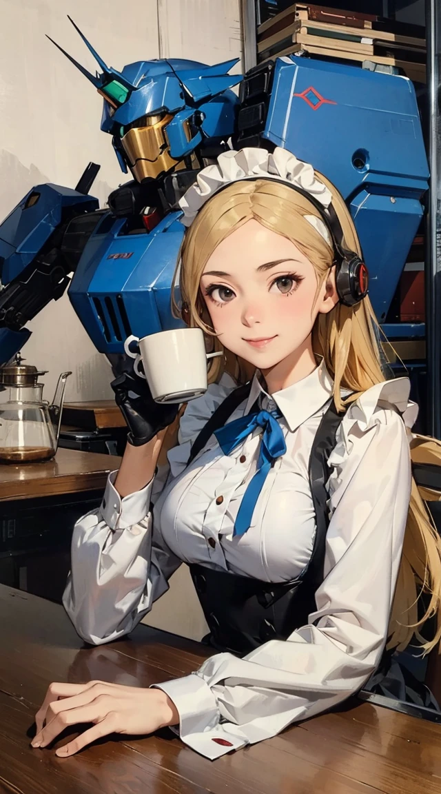 ((masterpiece)), ((best quality)), ((ultra-detailed)), 1girl, (mecha musume:1.4), science fiction, mechanical arms, maid dress, mechanical legs, mechanical parts, maid, long hair, blonde hair, mechanical wings, mechanical shield, headgear, , looking at viewer, smile, maid headdress, maid apron, coffee shop, coffee cup, upper body, coffee pot, (head rest:1.2), long sleeves,  bigass bighip、FUCK　FUCKOFF　SEXY
