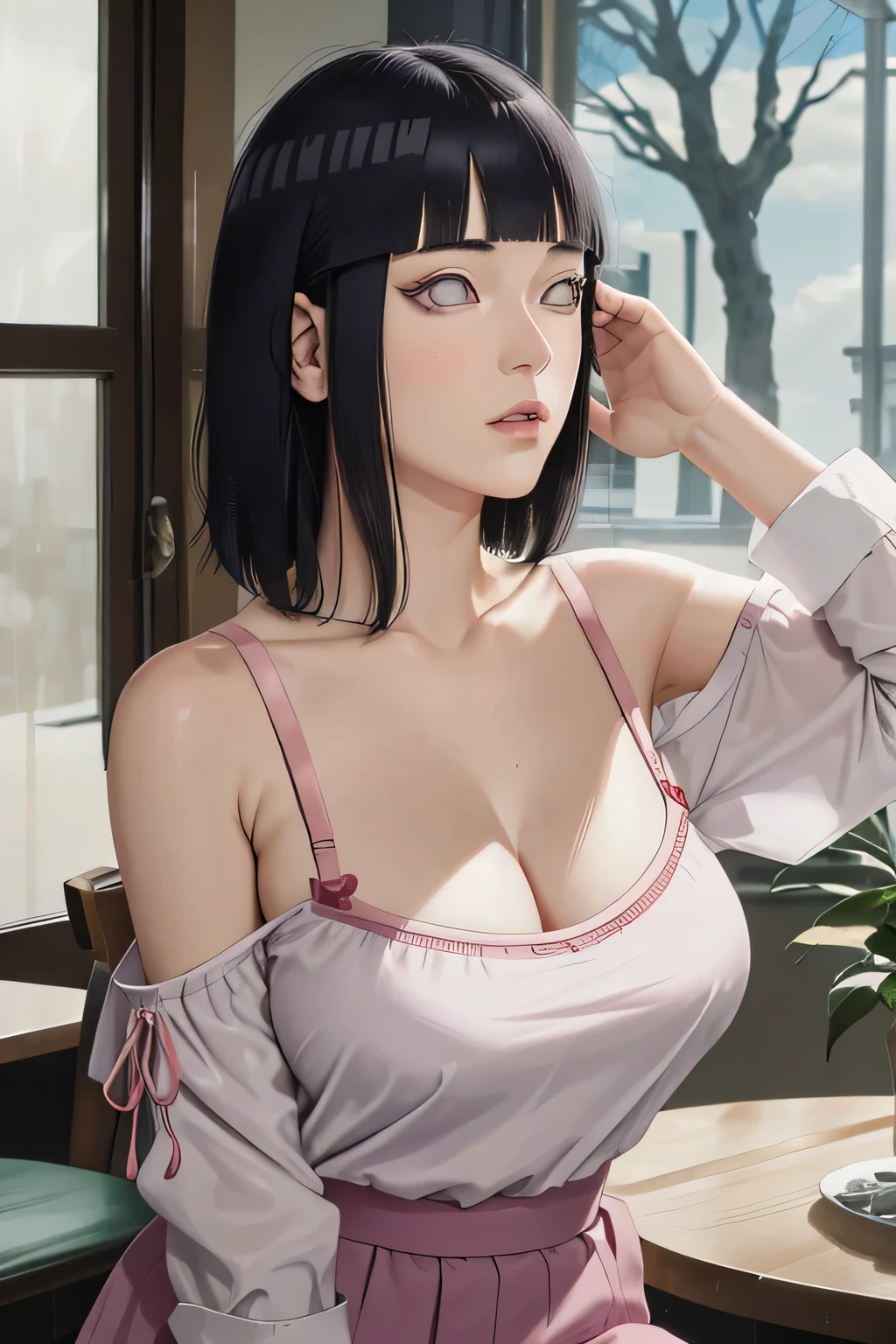 masterpiece, absurdres, hinata\(boruto\), 1girl, solo,mature female, off-shoulder strap bra, high waist short skirt, looking at viewer, perfect composition, detailed lips, big breast, beautiful face, body propotion, blush, (pink lips), long hair, purple eyes, soft gaze, super realistic, detailed, photoshoot, realistic face and body,
