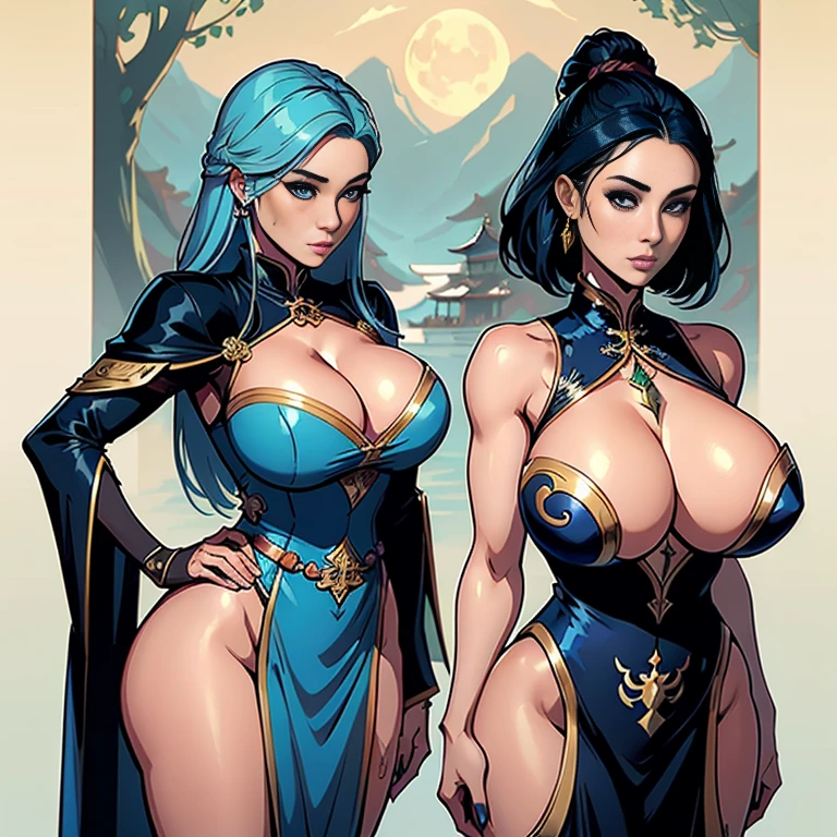 Close-up of a petite woman in her 30s, (((Large Breasts、Low-cut，Cleavage, Wide hips,)))((Long legs)),Hourglass figure)), With blue eyes and ocean blue hair, Wearing a blue and black dress, Blue-eyed Chinese queen, Female Swordsman, Chinese Princess, Standing in a Chinese temple, New clothing concept design, Blade and Soul Style, Full body character concept, Detailed character design, Inspired by Yang Jin, Inspired by trees, Moon Themed Clothing, Outfits with gold embellishments, Inspired by Zhu Lian, Colorful Concept Art, highly Detailed character design, The face is rich in detail, Inspired by Ai Xuan, very The face is rich in detail, Unreal Engine rendering, final fantasy 14 style