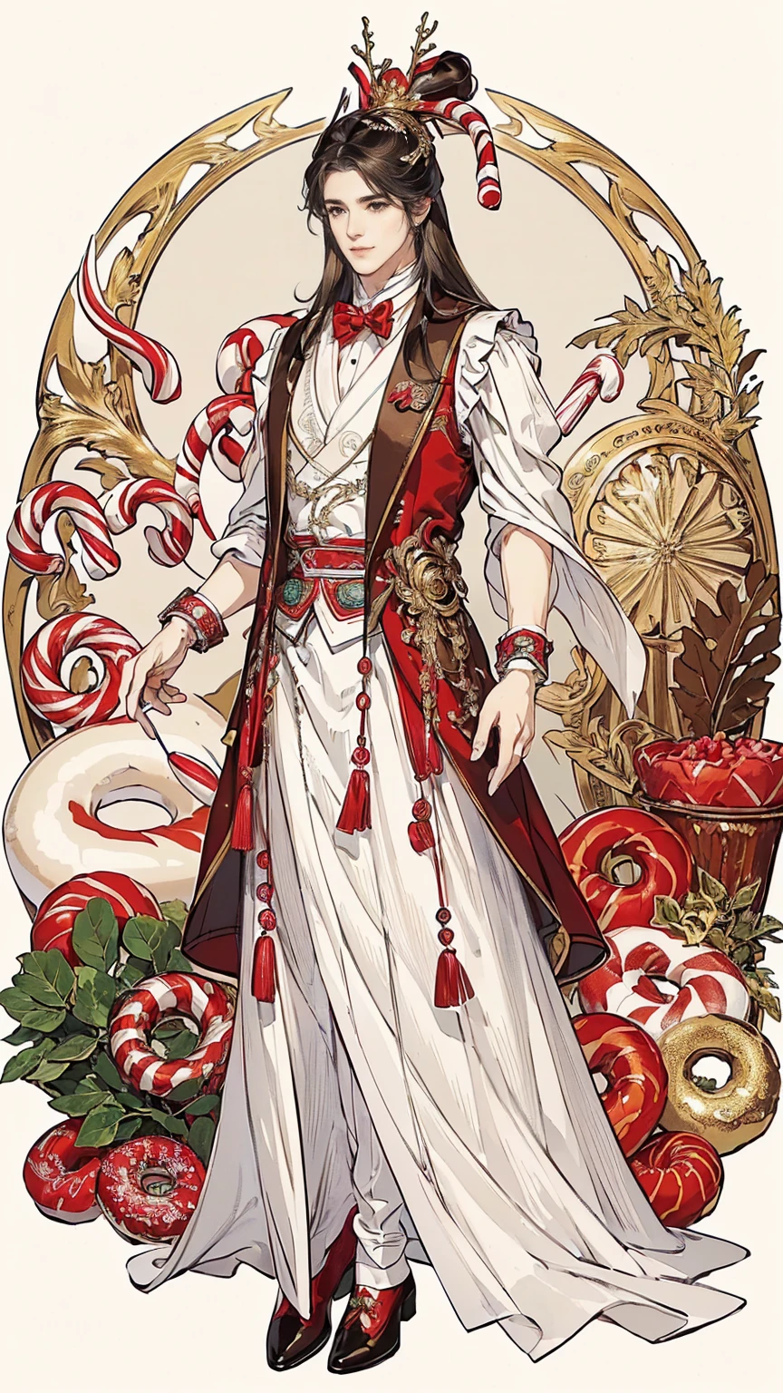 ((masterpiece, best quality, highres, ultra-detailed),(beautiful and aesthetic:1.2), (1 man), male body, male focus, vest,candy print,candy ornament,candy theme,candy cane,marshmallow,donuts,cream ornament,full body, intricate details, full body, black hair, long hair, brown eyes, detailed eyes and face