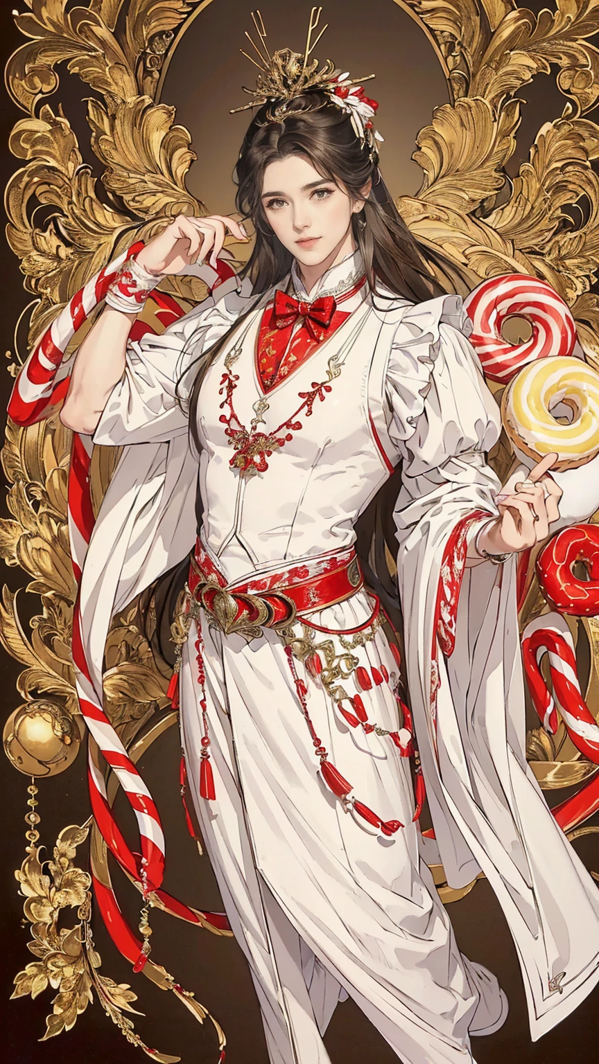 ((masterpiece, best quality, highres, ultra-detailed),(beautiful and aesthetic:1.2), (1 man), male body, male focus, vest,candy print,candy ornament,candy theme,candy cane,marshmallow,donuts,cream ornament,full body, intricate details, full body, black hair, long hair, brown eyes, detailed eyes and face