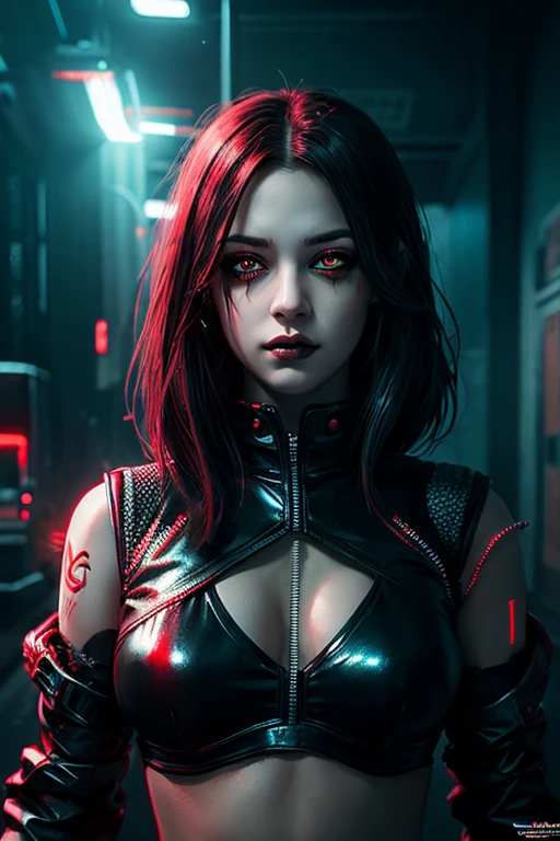 masterpiece, highly detailed, high quality, goth girl, red eyes, cyberpunk, sci-fi, illustration, cinematic lighting,