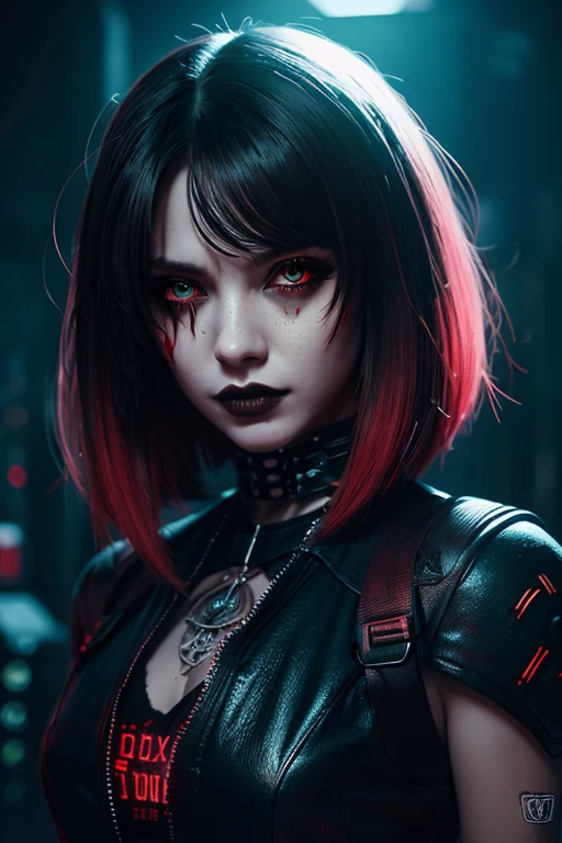 masterpiece, highly detailed, high quality, goth girl, red eyes, cyberpunk, sci-fi, illustration, cinematic lighting,