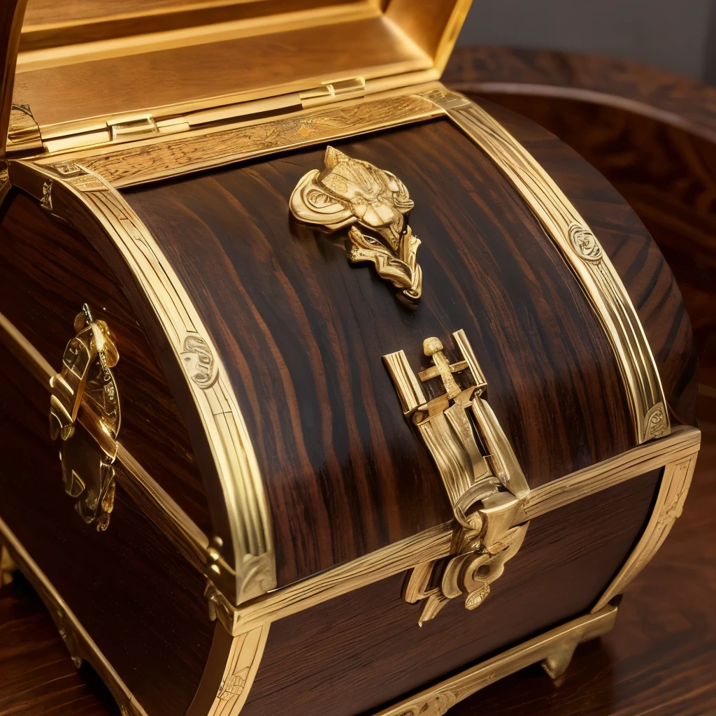 Magnificent Treasure Chest: 1.3, Intricate and Detailed Design: 1.2, Golden Lock and Key: 1.3, High-Resolution Image: 1.4, Masterpiece of Craftsmanship: 1.3, Dark Woods with Elegant Brass Accents: 1.2, Rich Patina with Shimmering Highlights: 1.4, Realistic and Photorealistic Texture: 1.2, Professional Lighting and Shading: 1.3, Close-Up and High-Quality Perspective: 1.2, One Object of Legend and Wonder: 1.2, Masterfully Carved