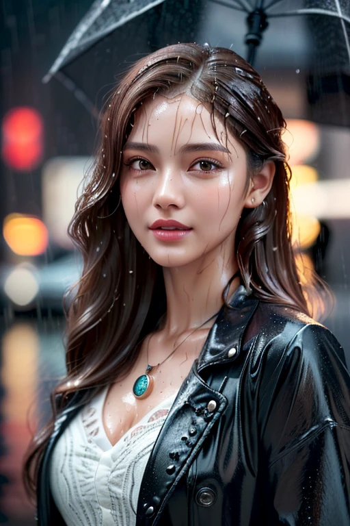 a beautiful woman in a rainy city, 1 girl, detailed face and eyes, beautiful long brown hair, slim figure, tight waist, attractive, warm smile, delicate white skin, wet hair and skin, stylish clothing, necklace, active pose, New York City, raining, (best quality,4k,8k,highres,masterpiece:1.2),ultra-detailed,(realistic,photorealistic,photo-realistic:1.37),extremely detailed face and body,(detailed eyes,detailed lips,extremely detailed eyes and face,long eyelashes),intricate hairstyle,(wet hair:1.2),(wet skin:1.2),stylish outfit,(necklace:1.1),(cityscape:1.1),(rainy day:1.1),cinematic lighting,warm color palette