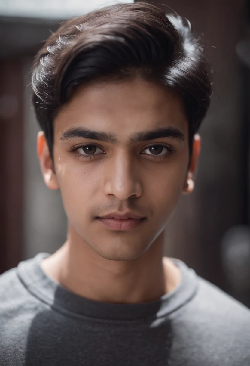 18 year old Indian man with black hair in a sweatshirt, portrait, looking directly at the camera, headshot, shaved, in a club