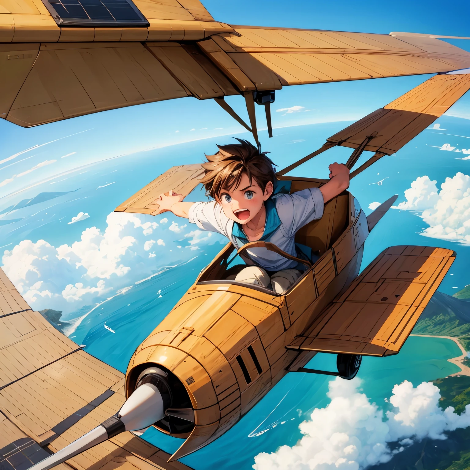 Draw a cartoon of a boy flying in a cardboard airplane 