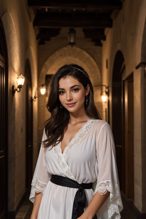 Jeune femme de 25 ans, visage fin, cheveux long, yeux marrons, HD, 8K, masterpiece, sourire romantique, sexy, tenue de flamenco, mascara noir, jupons, robe en tissu et en dentelle, tissu rouge et noir, dans uen ruelle espagnole, de nuit, drapeau espagnol, bar ) tapas