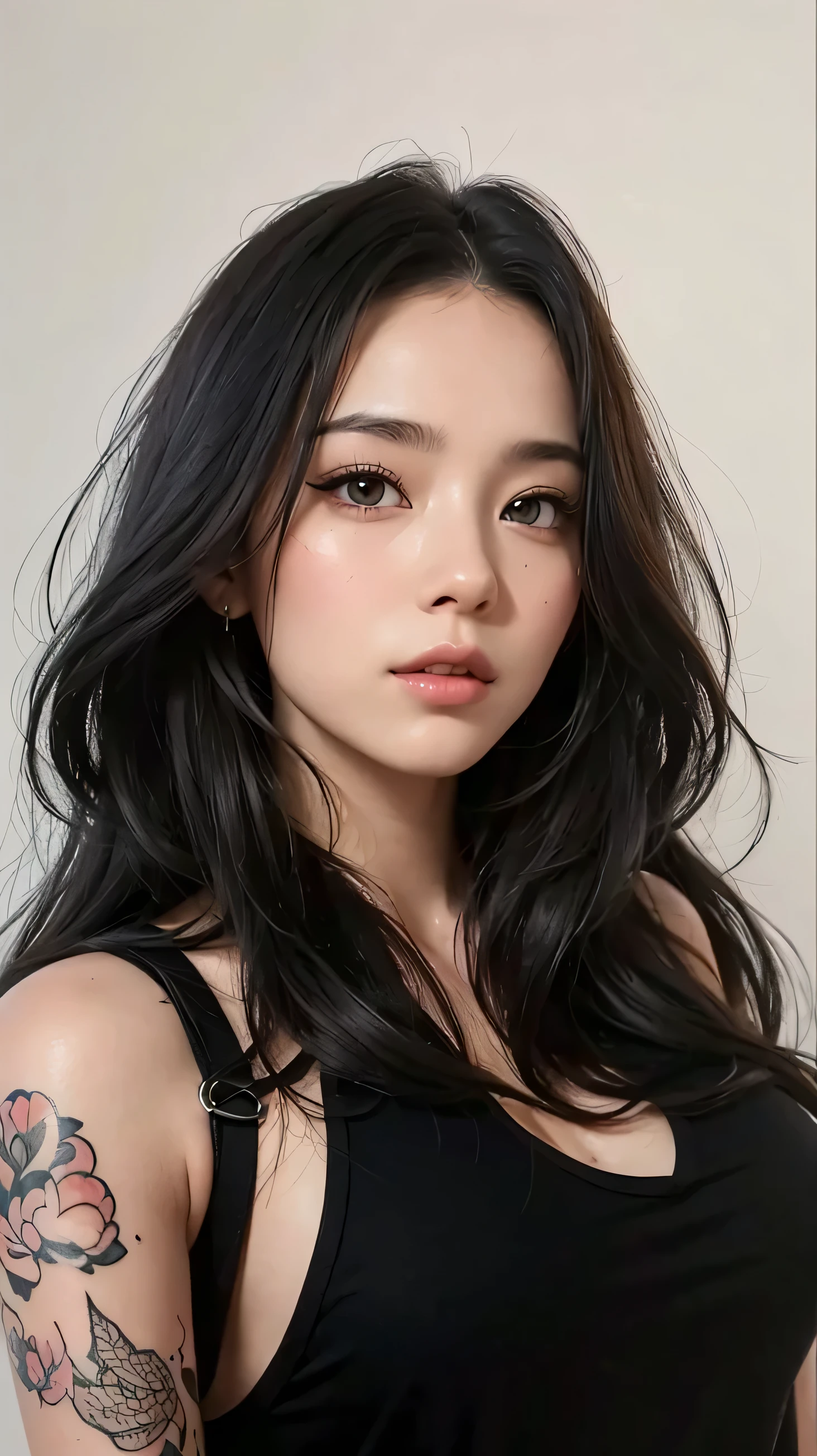 A beautiful woman with a tattoo on her arm wearing a black tank top, kawaii realistic portrait, realistic cute girl painting, beautiful girl portrait, artwork in the style of guweiz, realistic anime art style, realistic cheng yi, realistic anime artstyle, realistic art style, realistic artstyle, anime realism style, in the art style of bowater, (best quality,4k,8k,highres,masterpiece:1.2),ultra-detailed,(realistic,photorealistic,photo-realistic:1.37),detailed eyes,detailed lips,extremely detailed face,long eyelashes,beautiful detailed skin,intricate details,highly detailed,vivid colors,natural lighting,cinematic lighting,atmospheric lighting,dramatic lighting,soft focus,depth of field,volumetric lighting,photorealistic, hyperrealistic 8K high quality