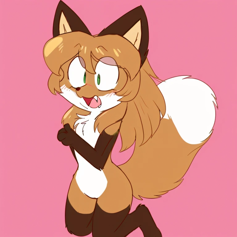 Nervous smiling, uploaded the e621, simple background, beautiful and detailed, woman (((female))) ((anthro)) Fox, (Averi, Fox girl), cinematic lighting, Fox, (anthro, fluffy fur, character focus:1.1), 1girl, anthro fox girl, body fur, curvy, sexy, nice, cute, hot, sassy, sassy hips, screaming in fear, scared expression, shocked expression, running, running in fear, comfortable anime-style cartoon-style, digital drawing, (half-closed eyes), green eyes, SFW, flat chest