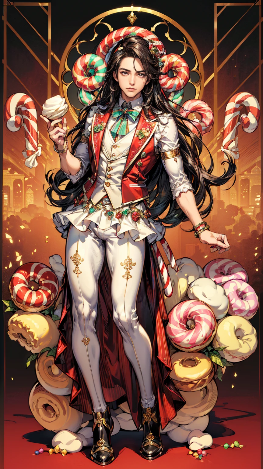 ((masterpiece, best quality, highres, ultra-detailed),(beautiful and aesthetic:1.2), (1 man), male body, male focus, vest,candy print,candy ornament,candy theme,candy cane,marshmallow,donuts,cream ornament,full body, intricate details, full body, black hair, long hair, brown eyes, detailed eyes and face