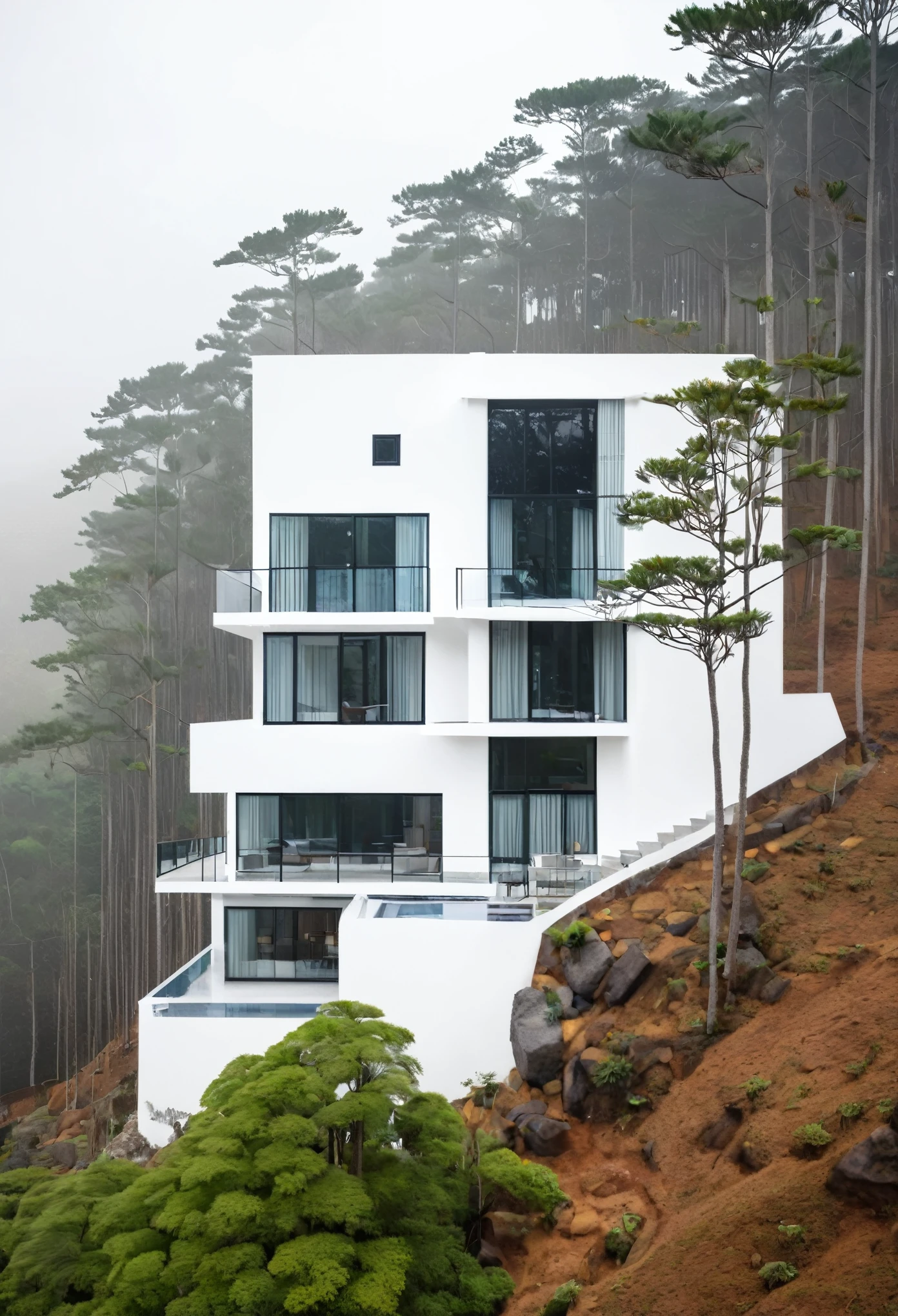 A beautifully designed modern two-story house with a tiled roof, perched on a hill with a view of a pine forest in Da Lat, Vietnam. The house’s second floor features white walls, and the first floor is stone-clad. The image captures a cozy and foggy afternoon ambiance, taken with a 35mm focal length. - in the 6th.0 – with 16:9 –style raw