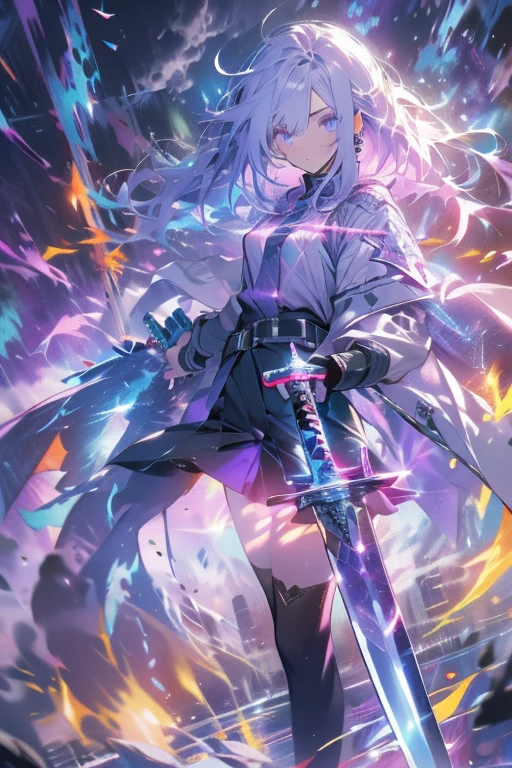 colorful, 1girl, white hair, purple eyes, dual wielding, sword, holding sword, blue flames, glow, glowing weapon, light particles, wallpaper, chromatic aberration,