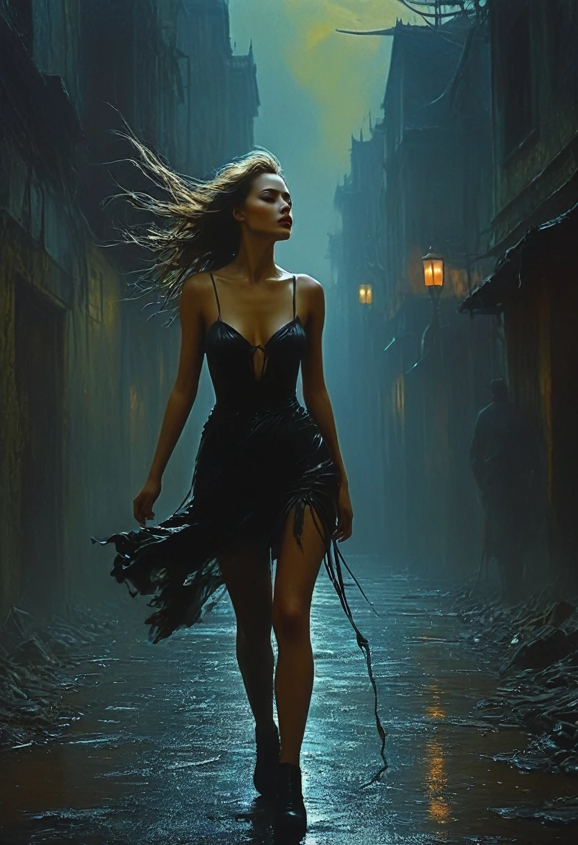 aa picture of mist covered female vampire, ((you see only glimpses of her body:: 1.5)) a pair of ((glowing eyes: 1.3)) through the mist, high heels, black high heels, glamour dress, dynamic color dress, fantasy dark alley background, torchlight, (best details, Masterpiece, best quality :1.5), ultra best realistic pictures , best details, best quality, 16k, [ultra detailed], masterpiece, best quality, (extremely detailed), ultra wide shot, photorealism, depth of field