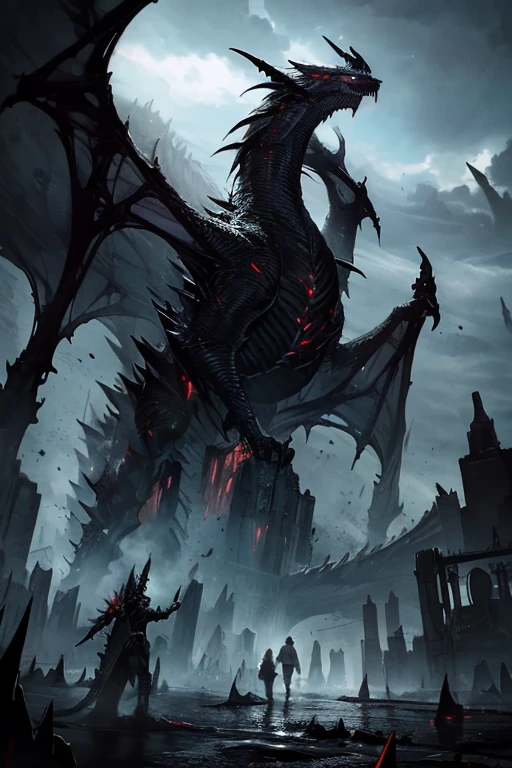 a dark and oppressive black dragon, detailed hyperrealistic rendering, stormy cloudy sky, ominous atmosphere, blood rain, dystopian apocalyptic environment, cinematic dramatic lighting, moody color palette, photorealistic, 8k, best quality, masterpiece