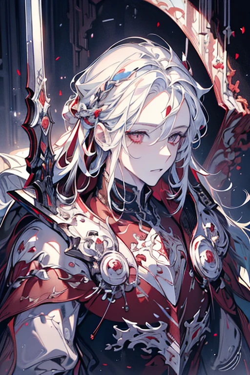 highres, masterpiece,highest quallity, ultra detailed, (detailed eyes), (detailed face), 1boy, illustration, white hair, red eyes, highest details, (luminous eyes), backlighting, (midriff:1.4), light rays, colorful,knight in armor, (wolfcut:1.2),(happy:1.2),looking at viewer,upper body,(white armor:1.3)