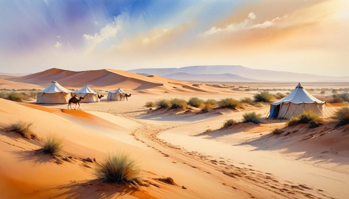 watercolour landscape, light colours, light brushstrokes, impressionistic style, Moroccan dunes, camel caravan walking in the distance, nomadic tent living in the wilderness, somewhere in the background a small oasis, high quality, 8k,