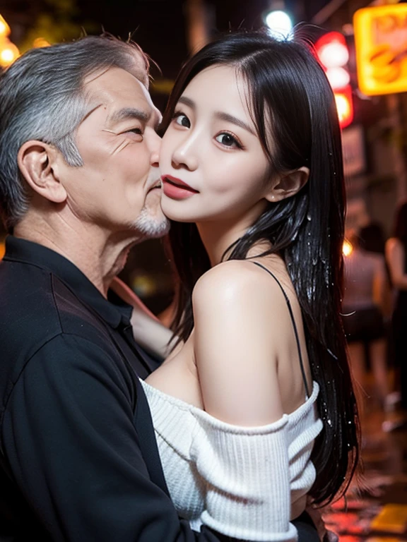 Tall, beautiful long hair, sexy, blue eyes, temperament woman, off shoulder revealing breasts, (big breasts) , Vietnamese girl, club scense , the old man hug girl. The old man kiss her. Wet body.