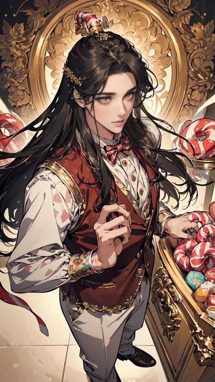 ((masterpiece, best quality, highres, ultra-detailed),(beautiful and aesthetic:1.2), (1 man), male body, male focus, vest,candy print,candy ornament,candy theme,candy cane,marshmallow,donuts,cream ornament,full body, intricate details, full body, black hair, long hair, brown eyes, detailed eyes and face