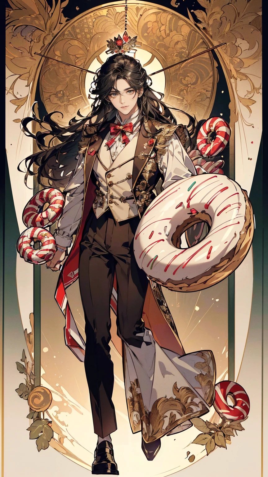 ((masterpiece, best quality, highres, ultra-detailed),(beautiful and aesthetic:1.2), (1 man), male body, male focus, vest,candy print,candy ornament,candy theme,candy cane,marshmallow,donuts,cream ornament,full body, intricate details, full body, black hair, long hair, brown eyes, detailed eyes and face