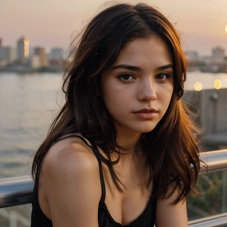 Generate a photo of a 20 year old girl, con pelo rubio y labios delgados mirando el atardecer