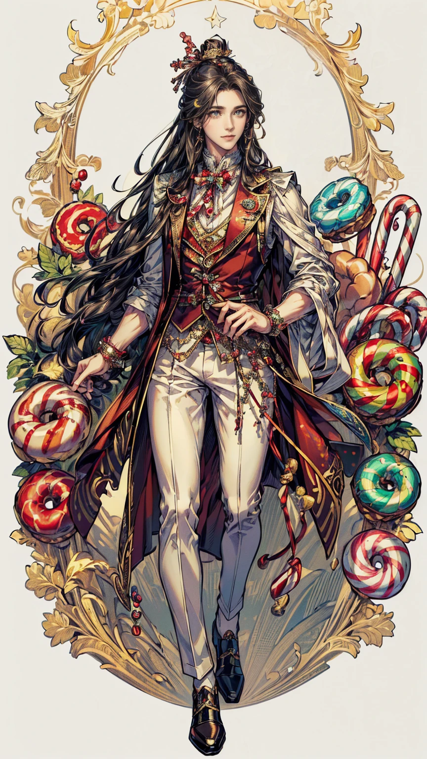 ((masterpiece, best quality, highres, ultra-detailed),(beautiful and aesthetic:1.2), (1 man), male body, male focus, vest,candy print,candy ornament,candy theme,candy cane,marshmallow,donuts,cream ornament,full body, intricate details, full body, black hair, long hair, brown eyes, detailed eyes and face