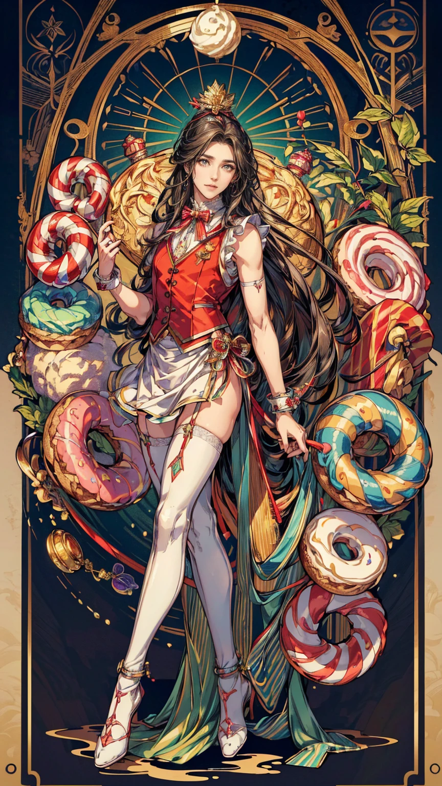 ((masterpiece, best quality, highres, ultra-detailed),(beautiful and aesthetic:1.2), (1 man), male body, male focus, vest,candy print,candy ornament,candy theme,candy cane,marshmallow,donuts,cream ornament,full body, intricate details, full body, black hair, long hair, brown eyes, detailed eyes and face