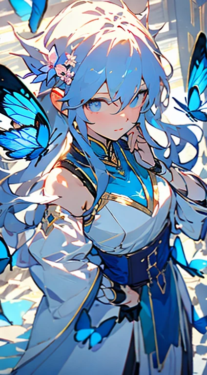 (Overhead view),dynamic angle,ultra-detailed, illustration, close-up, straight on, 1girl, (fantasy:1.4), (azure blue eyes:1.233),Her eyes shone like dreamy stars,(glowing eyes:1.233),(beautiful and detailed eyes:1.1),(Silver hair:1.14),(messy hair,very long hair,french braid,hair between eyes,sidelocks), (+(bule hair flower:1.14)),(chiffon dress,bule flower pattern in uniform)/=(military uniform:1.24),(detached sleeves,wide sleeves),(fingerless gloves),choker,(miko thighhighs),High heeled boots,(expressionless,closed mouth),(standing), (classical Princess boudoir with dressing tableand french windowin a white ancient palaces),(white flowers,bloom),(abysmal sea),(flowing water),(a dull blue world tree:1.14),(ruins),(night:1.2),dreamy,soul,(fluorescence),(flying translucent blue butterflies:1.15), [[delicate fingers and hands:0.55]::0.85],(detail fingers),(yubao:0.5),