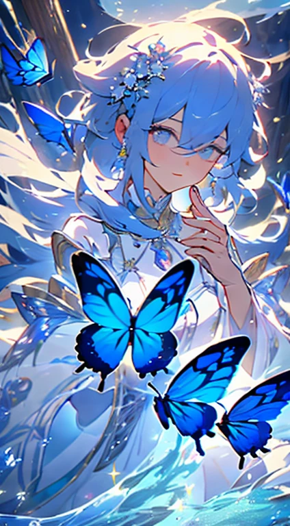 (Overhead view),dynamic angle,ultra-detailed, illustration, close-up, straight on, 1girl, (fantasy:1.4), (azure blue eyes:1.233),Her eyes shone like dreamy stars,(glowing eyes:1.233),(beautiful and detailed eyes:1.1),(Silver hair:1.14),(messy hair,very long hair,french braid,hair between eyes,sidelocks), (+(bule hair flower:1.14)),(chiffon dress,bule flower pattern in uniform)/=(military uniform:1.24),(detached sleeves,wide sleeves),(fingerless gloves),choker,(miko thighhighs),High heeled boots,(expressionless,closed mouth),(standing), (classical Princess boudoir with dressing tableand french windowin a white ancient palaces),(white flowers,bloom),(abysmal sea),(flowing water),(a dull blue world tree:1.14),(ruins),(night:1.2),dreamy,soul,(fluorescence),(flying translucent blue butterflies:1.15), [[delicate fingers and hands:0.55]::0.85],(detail fingers),(yubao:0.5),