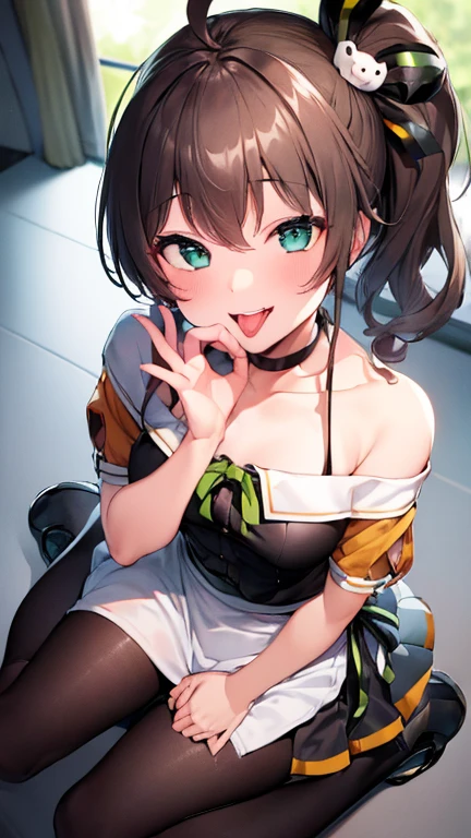  ((((Open your mouth))))、masterpiece,highest quality,High resolution,Ultra-detailed,bb Festival,meだium hair,skinny,Ahoge,Brown Hair,(((((  seductive smile ))))),skinny,Hair between the eyes,bangs,Hair Ribbon,Black Choker,Earrings,Black Ribbon,plaiだ shirt,Grey Shirt,shoulだer cutout,Short sleeve,See-through sleeves,Black Skirt,High Waist Skirt,race,(( perfect finger )) ,  shoes,(black shoes:1.4),race trim,shoes,Black footwear,Indoors,(Cafe:1.2),((Blowjob gestures:1.5))、open the mouth ,Sitting,Chair,heavy breathing ,