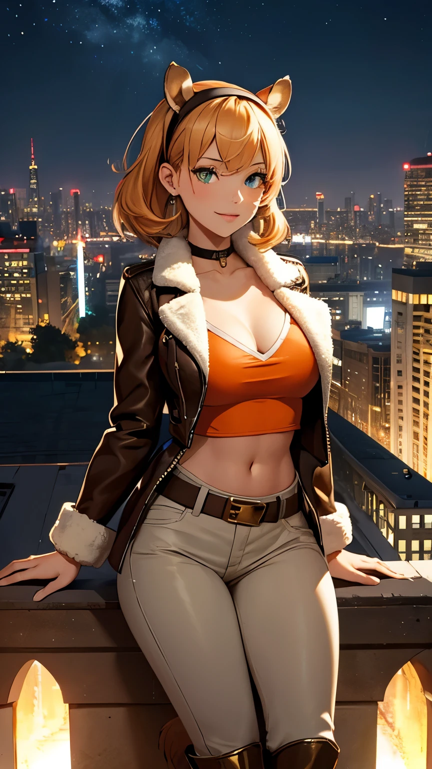 ,(Highly quality, masterpiece, detailed), Night city detailed scenario, Night city detailed background, 20 years old girl, cleavage, smile, green eyes, Squirrel girl, shirt hair, hairband, Brown jacket, orange shirt, crop top, gold belt, white pants, boots, fluffy boots, Squirrel tail, sitting on top of a building, Abdomen, Navel, beautiful eyes, perfect eyes, looking at the viewer, Sexy pose