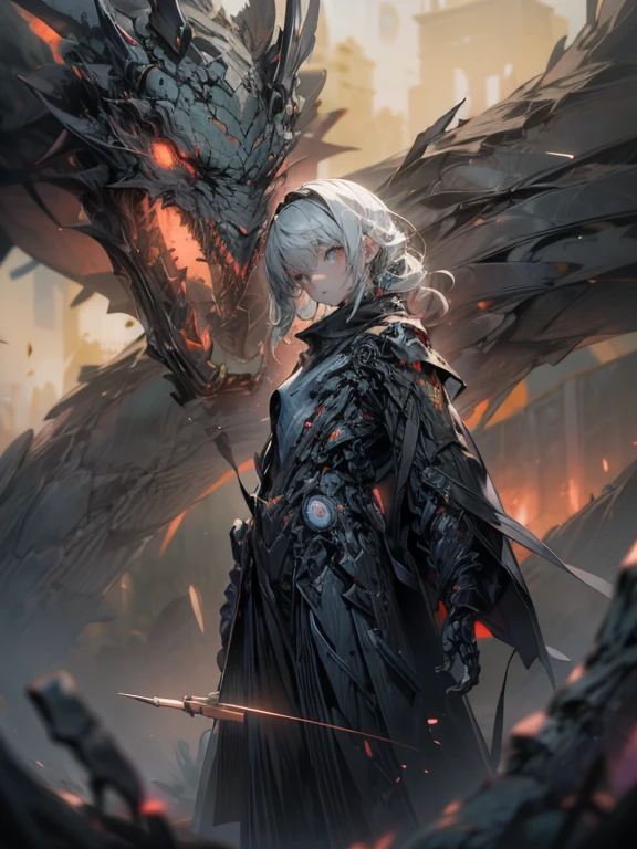 Masterpiece,Best quality, A still from a dark fantasy movie from the 90s,(pastel colour, dim colors, soothing tones:1.5),blend, Medium shot, Bokeh, (hdr:1.4), Masterpiece,conceito, 4K, HD, Dragon shaped, Black wings,Contrast, (Cinematic, Red and black :0.85),Red eye, ,Glowing eyes, Void ,Mechanical Partner Universe , Mecha, holding weapon, faces_peeping at the viewer, dramatic pose, flight