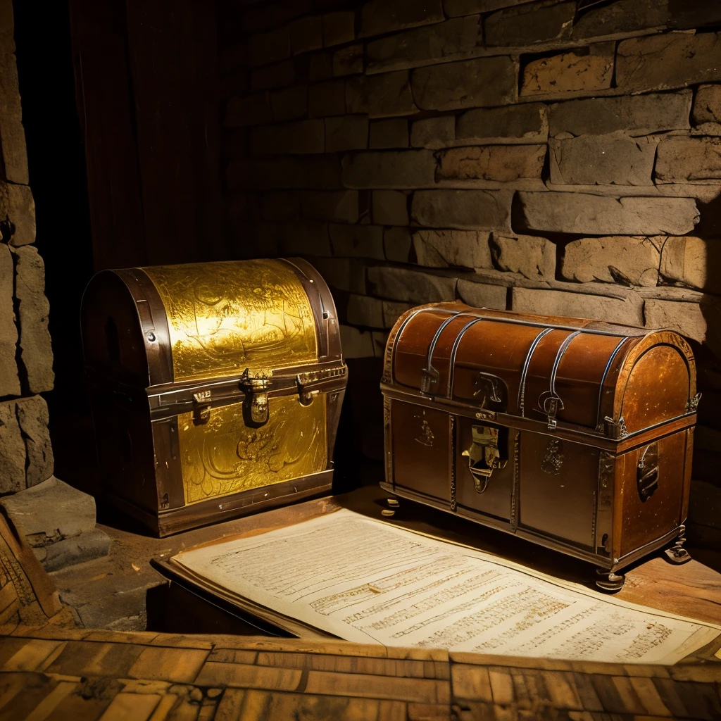 Magnificent:1.4, golden treasure chest: 1.2, intricate lock and key: 1.3, exquisite detail: 1.5, antique, aged: 1.2, treasure map: 1.1, old parchment: 1.3, parchment worn by time: 1.4, faded ink: 1.2, candlelight: 1.3, dramatic shadows: 1.4, secret underground chamber: 1.3, stone walls: 1.2, damp atmosphere: 1.5, masterpiece, top-quality, ​masterpiece, hight resolution, Photorealistic, Raw photography,