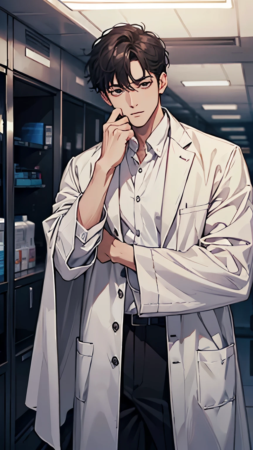 Man in a white medical coat, One hand to the face, the other is in the pocket of the medical gown, robe sleeves rolled up