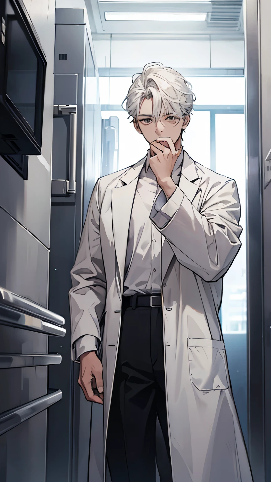 Man in a white medical coat, One hand to the face, the other is in the pocket of the medical gown, robe sleeves rolled up