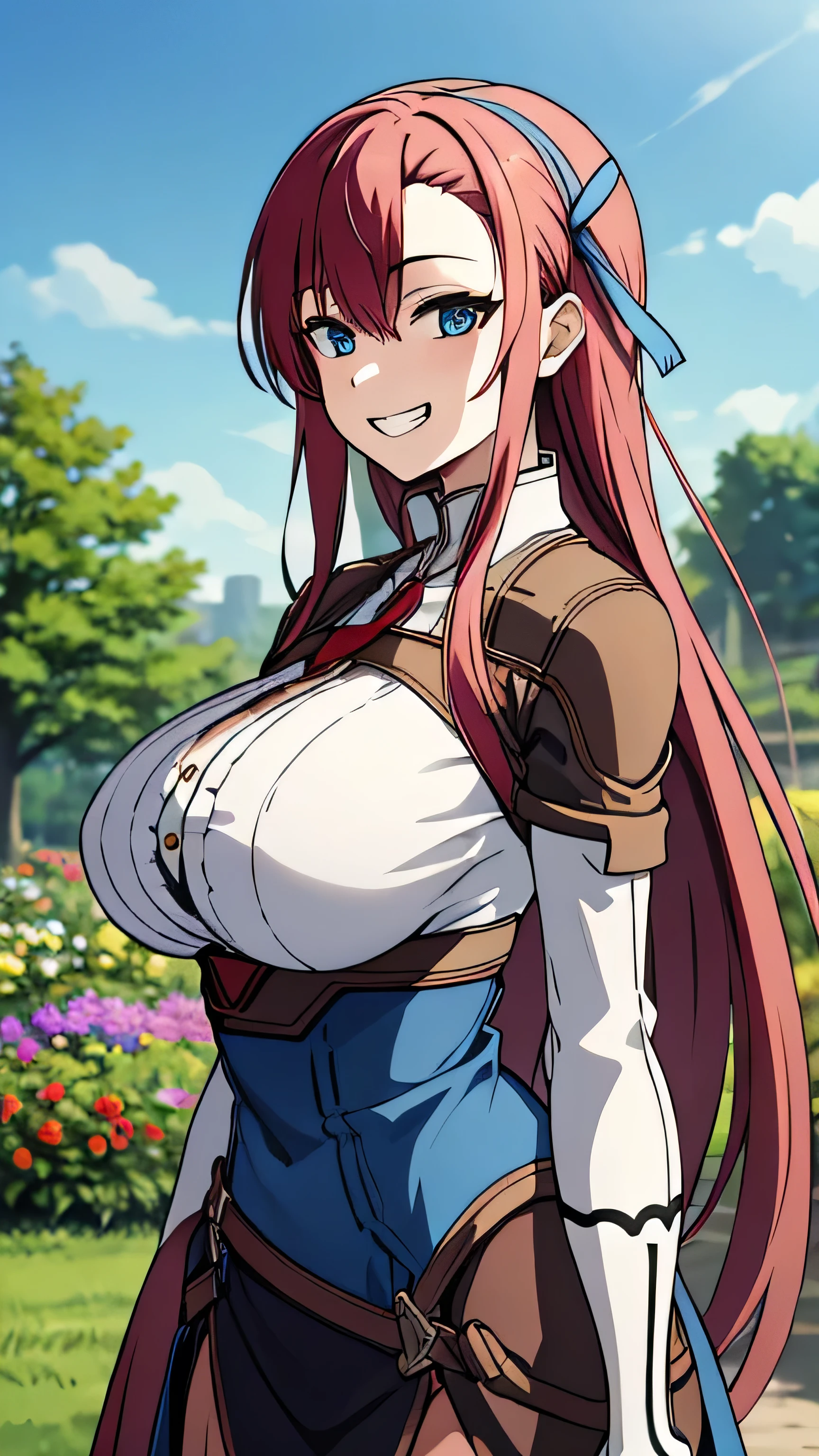 masterpiece, best quality, asuna ichinose, blue eyes, very long red hair, hair blue ribbon, solo, 1 girl, grin, floating hair, looking at viewer, massive breasts, big breasts, front view, flower garden, outdoors,
