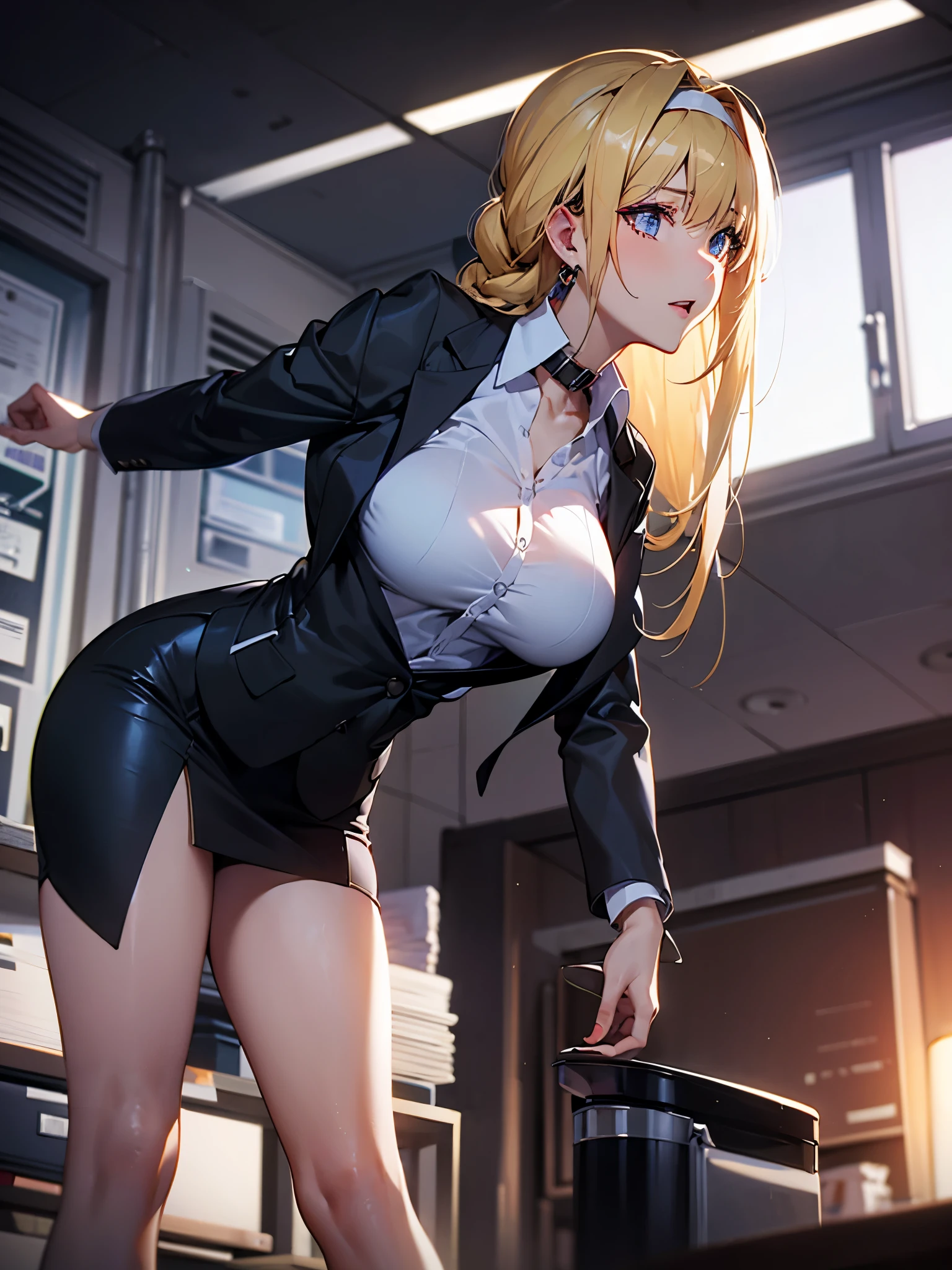 1girl, alice zuberg, bangs, blue eyes, blonde hair, hair between eyes, very long hair, braid, hairband, white hairband,
BREAK (business suit, dress shirt, earrings, formal, high heels, jacket, miniskirt, office lady, open collar, pencil skirt, shirt, skirt, suit:1.2)
BREAK (masterpiece:1.2), best quality, high resolution, unity 8k wallpaper, (illustration:0.8), (beautiful detailed eyes:1.6), extremely detailed face, perfect lighting, extremely detailed CG, (perfect hands, perfect anatomy),