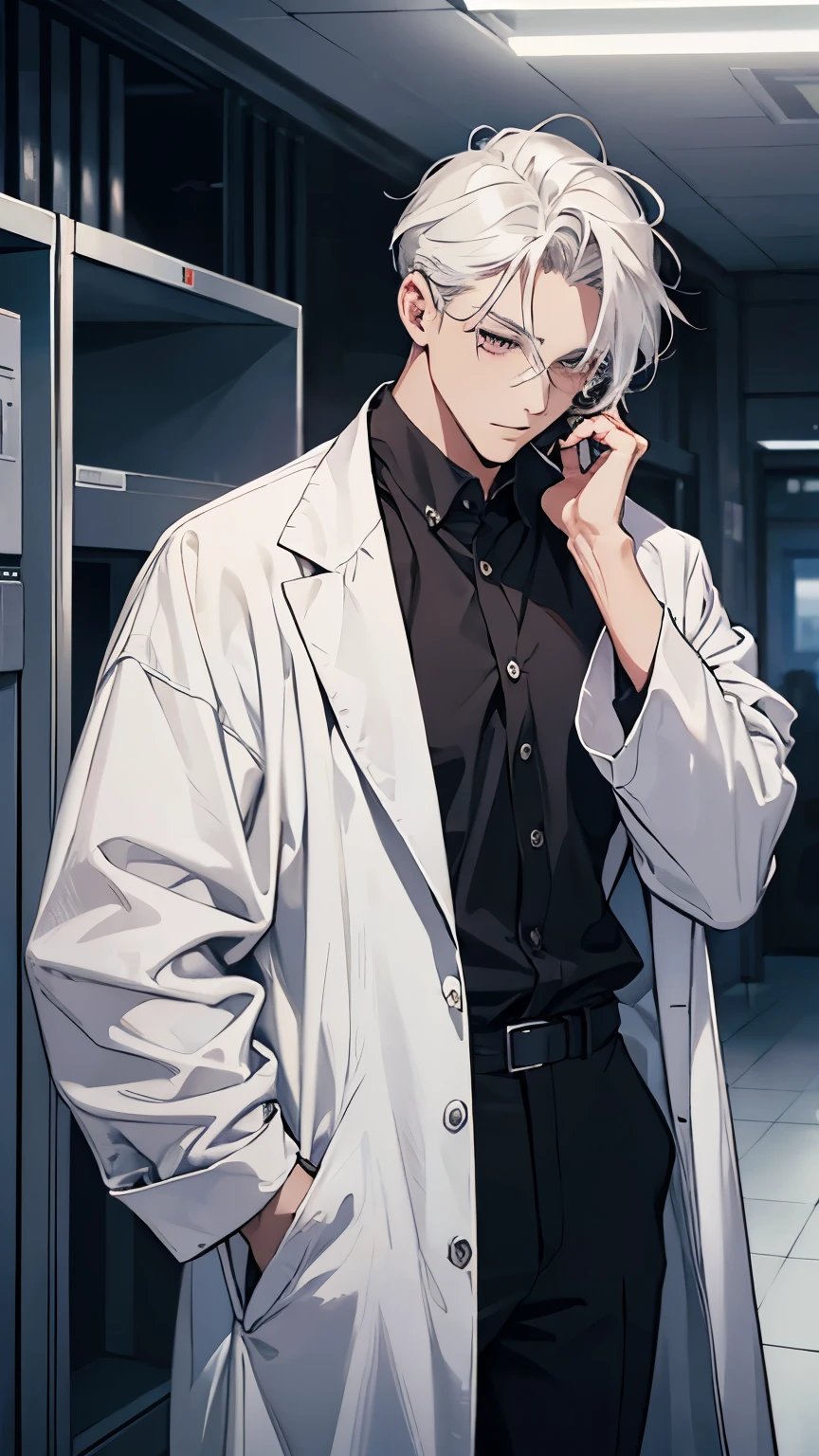 Man in a white medical coat, One hand to the face, the other is in the pocket of the medical gown, robe sleeves rolled up