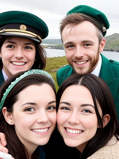 group of cute reunited irish friends, photo on characters' faces