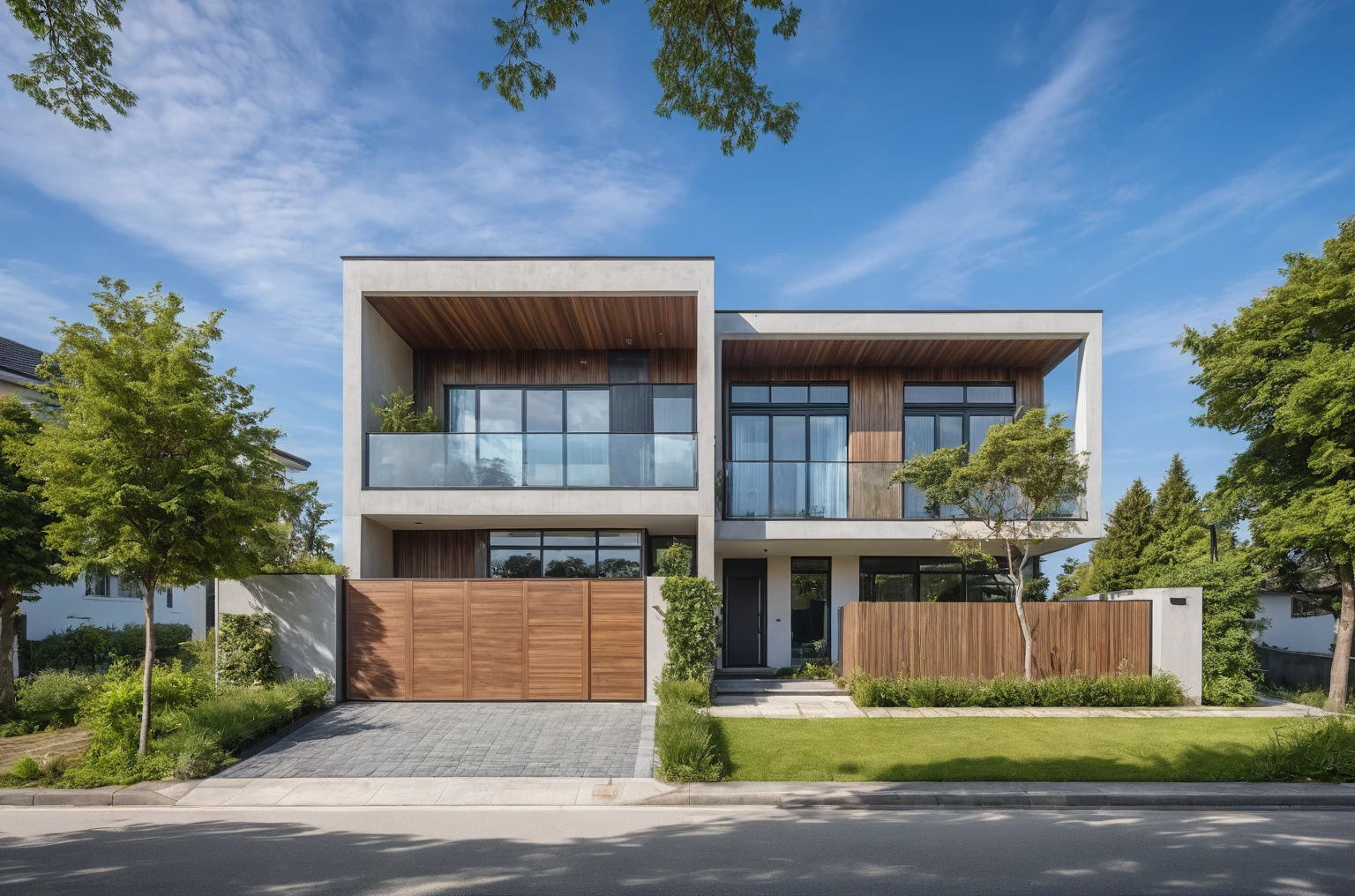 Raw photo, Masterpiece, high quality, best quality, authentic, super detail,
outdoors, exterior, modern house,
road,  pavement, trees, blue sky, daylight