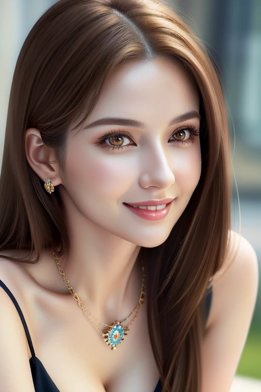 realistic photorealistic photo-realistic 8k high quality masterpiece portrait of a beautiful russian woman in her 20s with light brown hair, fine white skin, attractive face, tight waist, cleavage, smiling kindly, wearing stylish clothes and necklace, active posing , detailed eyes, nose, lips, long eyelashes, perfectly balanced body, rough long hairstyle, best image quality