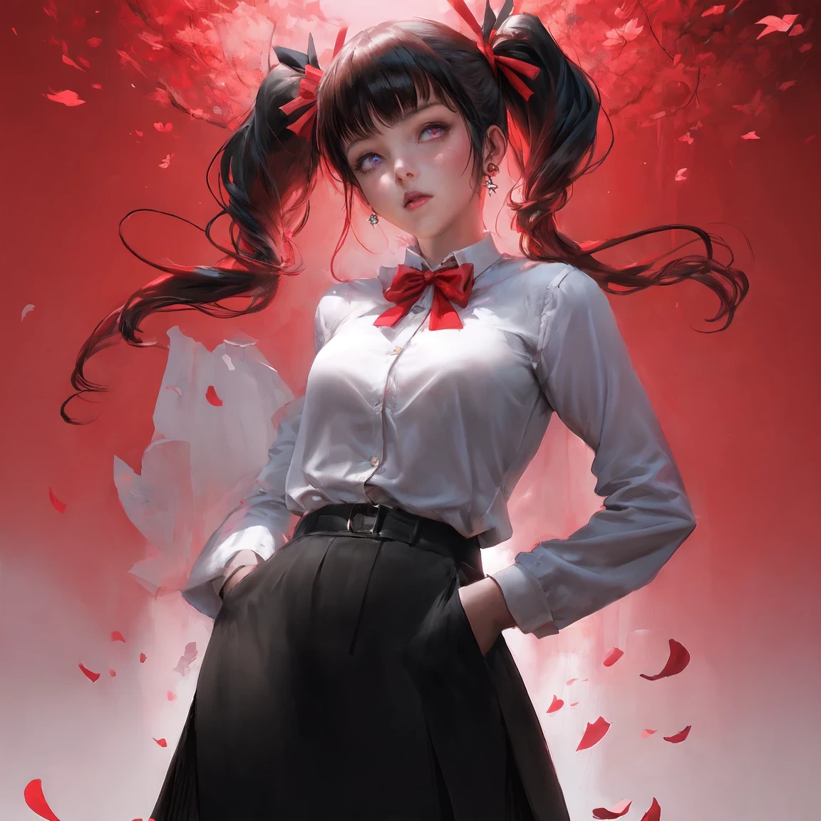 (masterpiece, best quality),a girl, solo, twintails, shirt, skirt, petals, bowtie, earrings, jewelry, bangs, black hair, hair ornament, hair ribbon, red ribbon, red eyes, long hair, white shirt, multicolored hair, black skirt, red hair, long sleeves, pink bowtie, hair between eyes, looking at viewer, collared shirt, upper body, falling petals, depth of field, strong bloom, red background,hands in pockets，